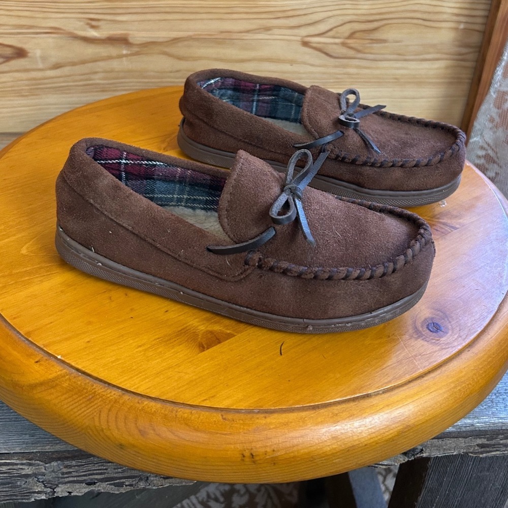 Kids Brownโ Vegan Suede Moccasin Slippers Faux Fur Plaid Lining 48MOC